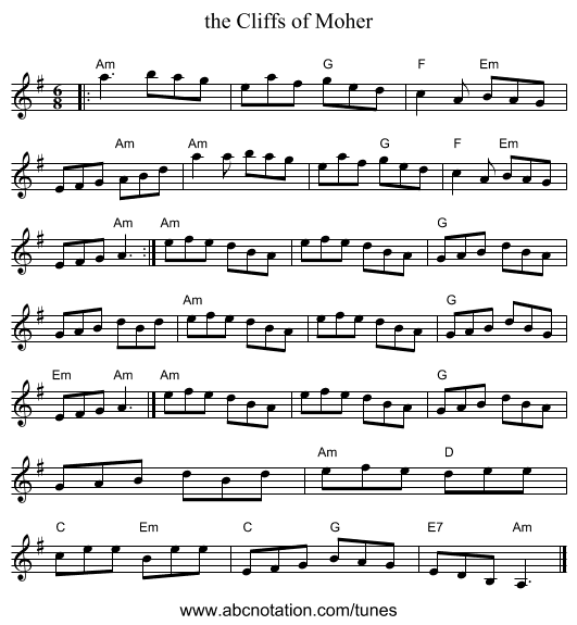 the Cliffs of Moher - staff notation