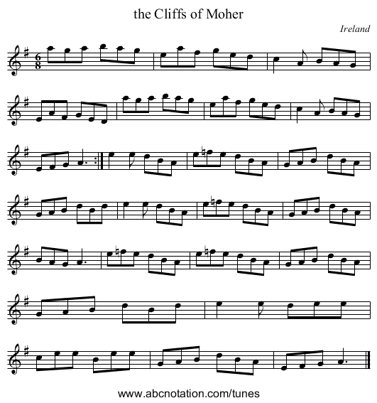 the Cliffs of Moher - staff notation