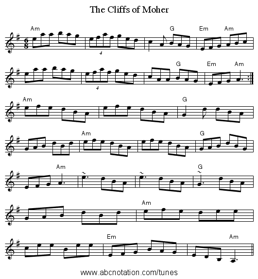 The Cliffs of Moher - staff notation