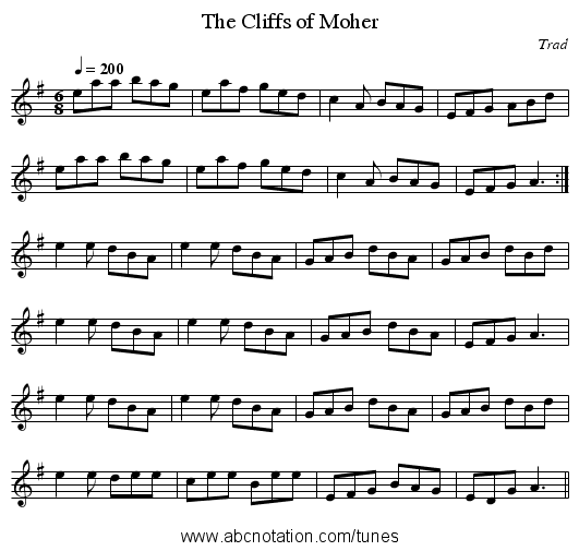 The Cliffs of Moher - staff notation