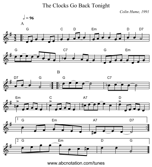 The Clocks Go Back Tonight - staff notation