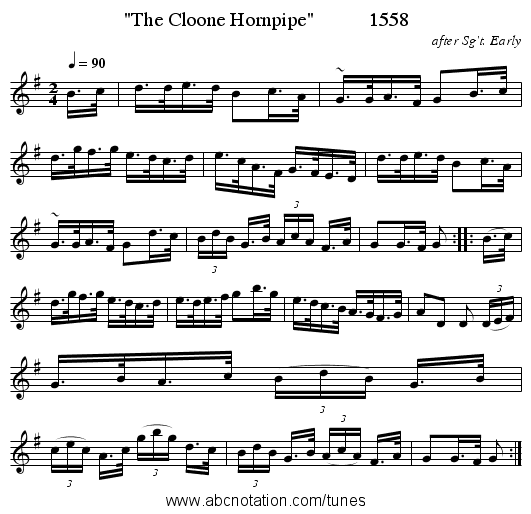 The Cloone Hornpipe           1558 - staff notation