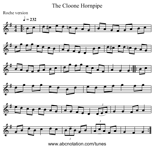The Cloone Hornpipe - staff notation