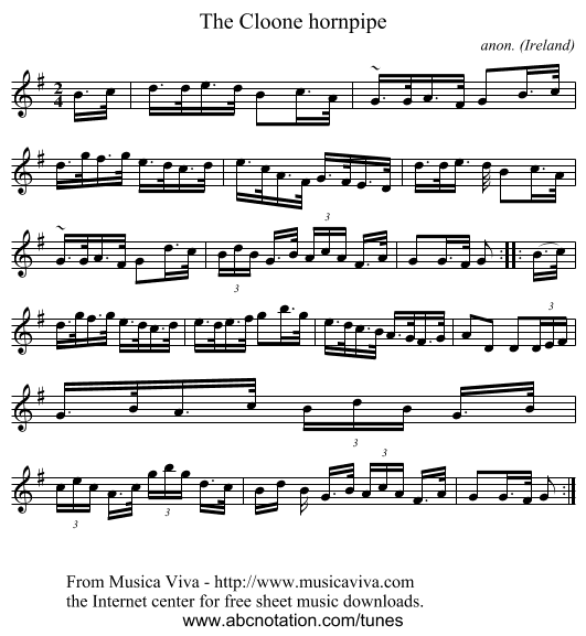 The Cloone hornpipe - staff notation