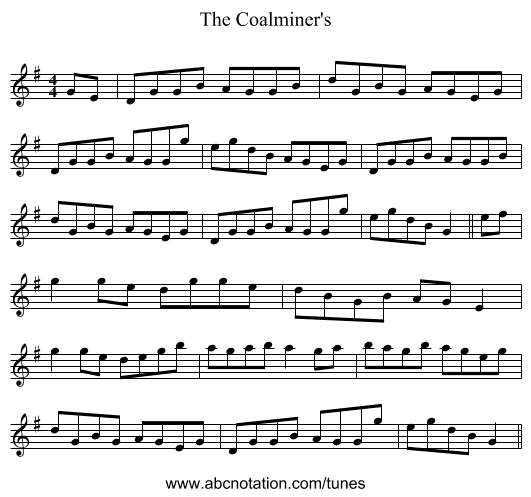 The Coalminer's - staff notation