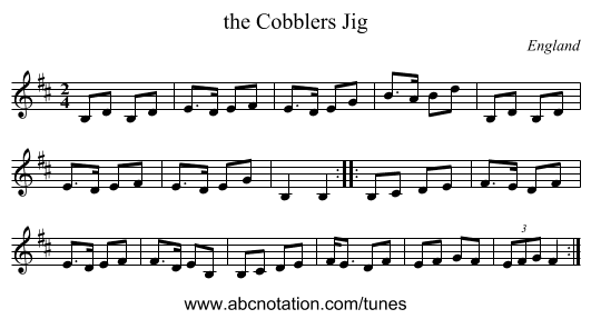 the Cobblers Jig - staff notation