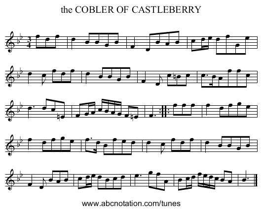 the COBLER OF CASTLEBERRY - staff notation