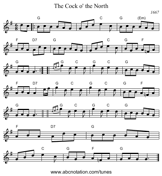 The Cock o' the North - staff notation