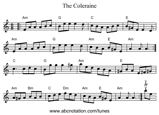 The Coleraine - staff notation