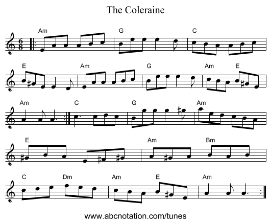 The Coleraine - staff notation
