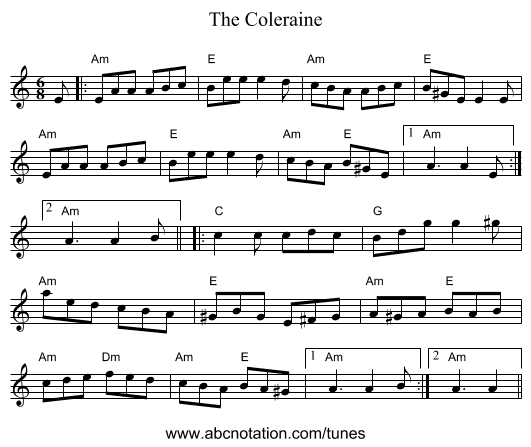 The Coleraine - staff notation