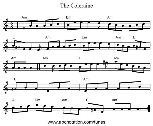 The Coleraine - staff notation