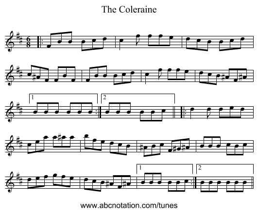 The Coleraine - staff notation