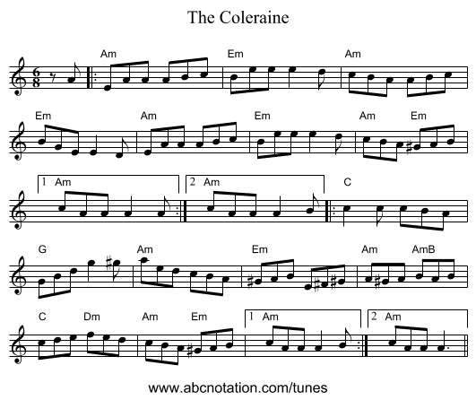 The Coleraine - staff notation
