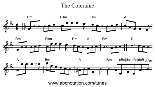 The Coleraine - staff notation