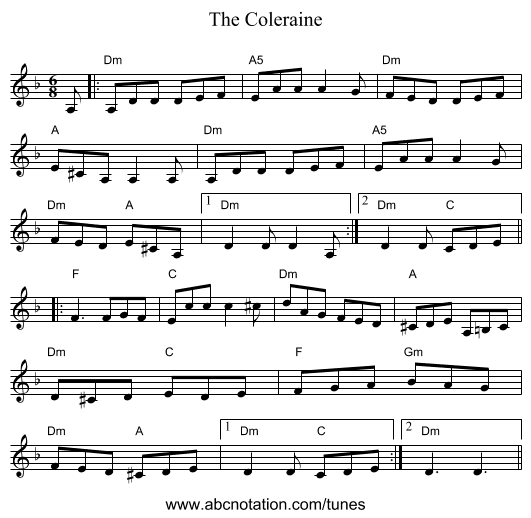 The Coleraine - staff notation