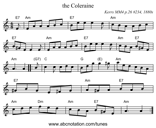 the Coleraine - staff notation