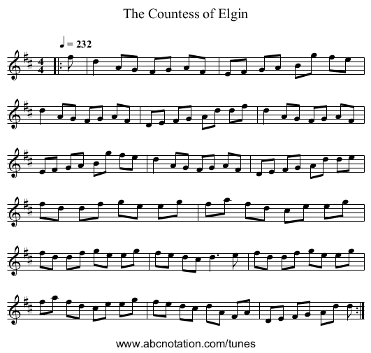 The Countess of Elgin - staff notation