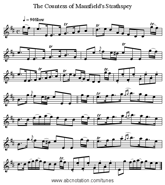 The Countess of Mansfield's Strathspey - staff notation