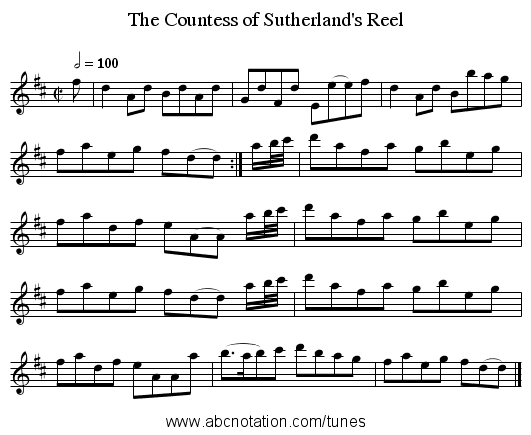 The Countess of Sutherland's Reel - staff notation