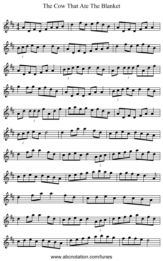 The Cow That Ate The Blanket - staff notation