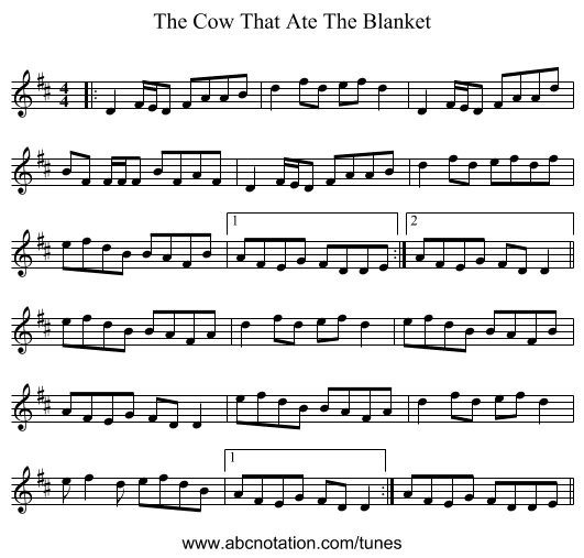 The Cow That Ate The Blanket - staff notation