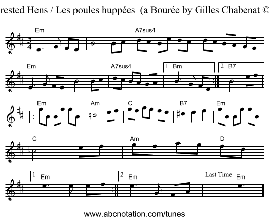 The Crested Hens / Les poules hupp&eacute;es  (a Bour&eacute;e by Gilles Chabenat &copy;1983) - staff notation