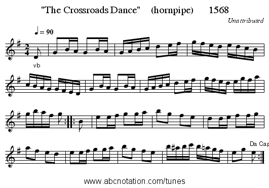 The Crossroads Dance (hornpipe) 1568 - staff notation