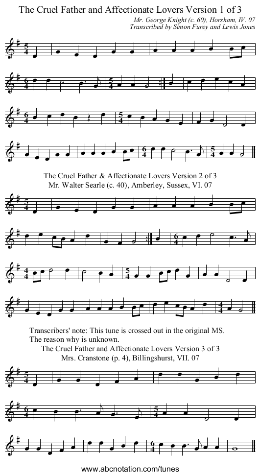 The Cruel Father and Affectionate Lovers Version 1 of 3 - staff notation