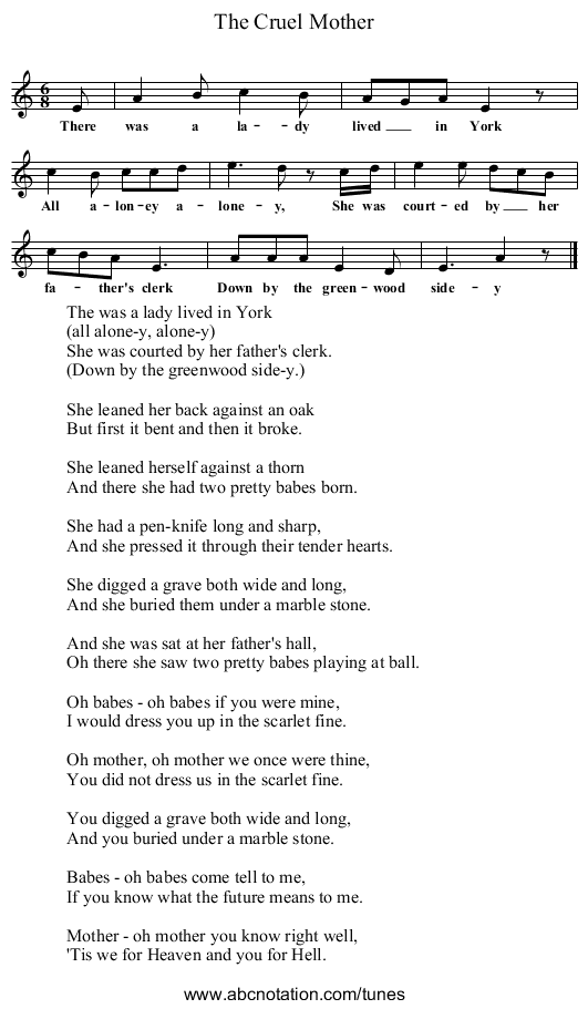 The Cruel Mother - staff notation