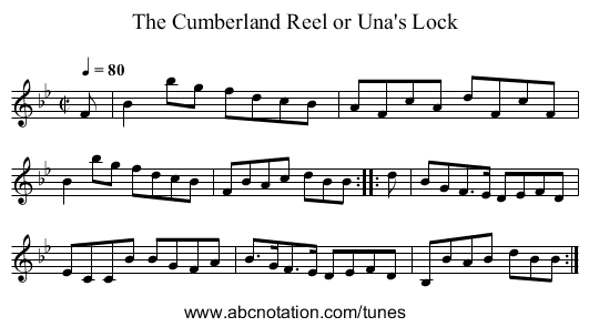 The Cumberland Reel or Una's Lock - staff notation