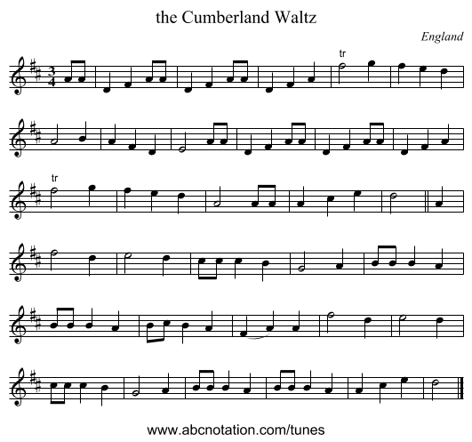 the Cumberland Waltz - staff notation