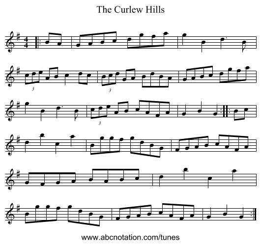 The Curlew Hills - staff notation