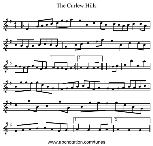 The Curlew Hills - staff notation