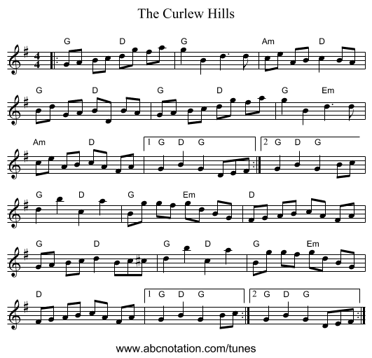 The Curlew Hills - staff notation