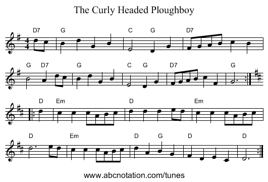 The Curly Headed Ploughboy - staff notation