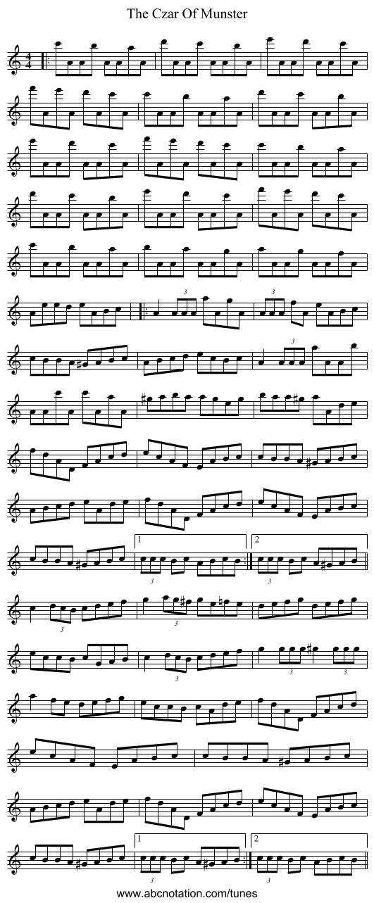 The Czar Of Munster - staff notation
