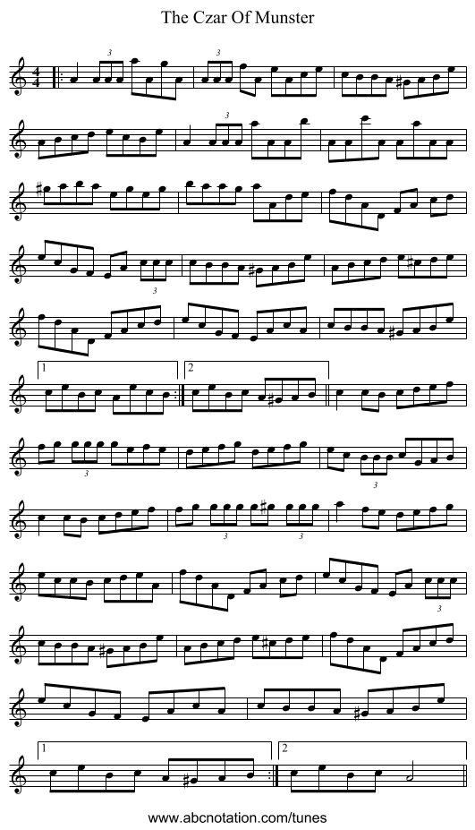 The Czar Of Munster - staff notation