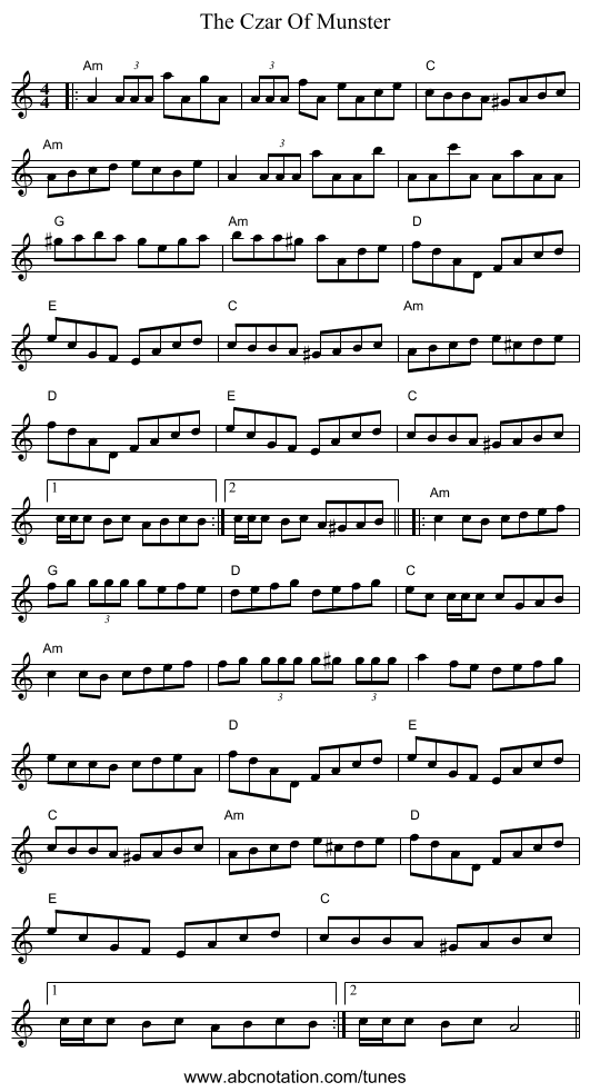 The Czar Of Munster - staff notation