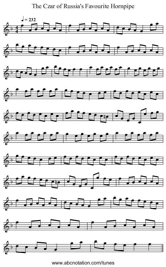 The Czar of Russia's Favourite Hornpipe - staff notation
