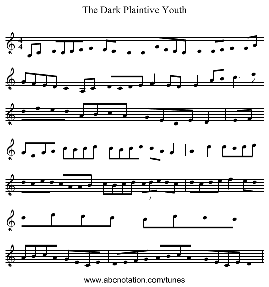 The Dark Plaintive Youth - staff notation