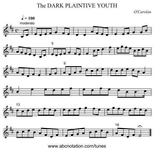 The DARK PLAINTIVE YOUTH - staff notation