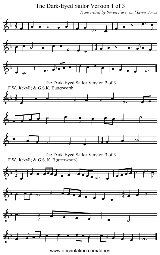 The Dark-Eyed Sailor Version 1 of 3 - staff notation