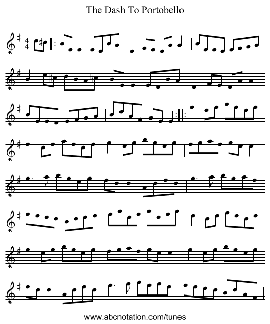 The Dash To Portobello - staff notation