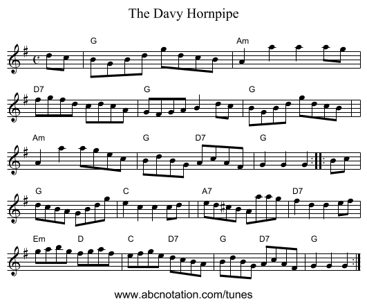 The Davy Hornpipe - staff notation