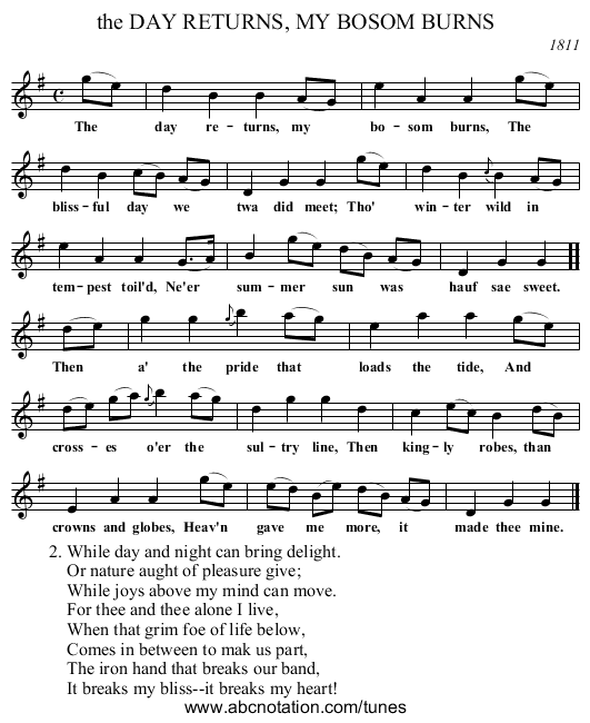 the DAY RETURNS, MY BOSOM BURNS - staff notation