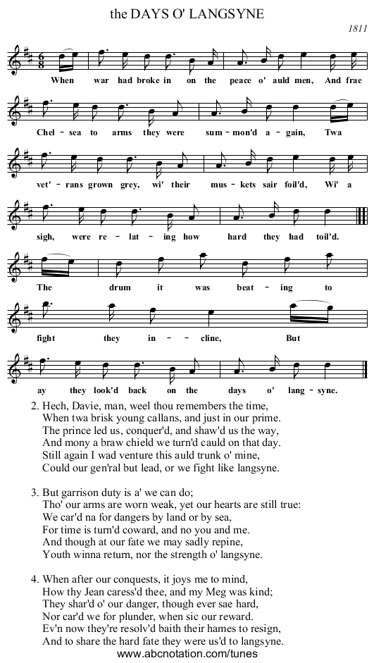 the DAYS O' LANGSYNE - staff notation