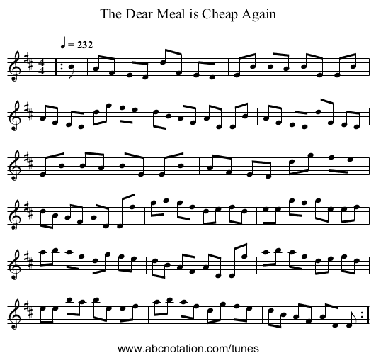 The Dear Meal is Cheap Again - staff notation