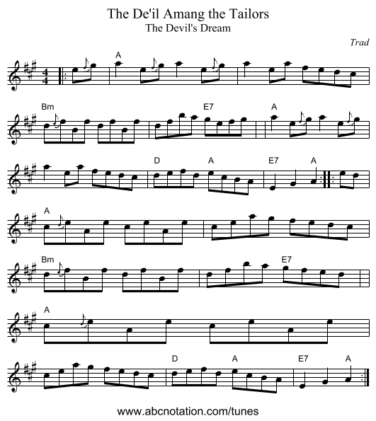 The De'il Amang the Tailors - staff notation