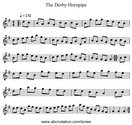 The Derby Hornpipe - staff notation